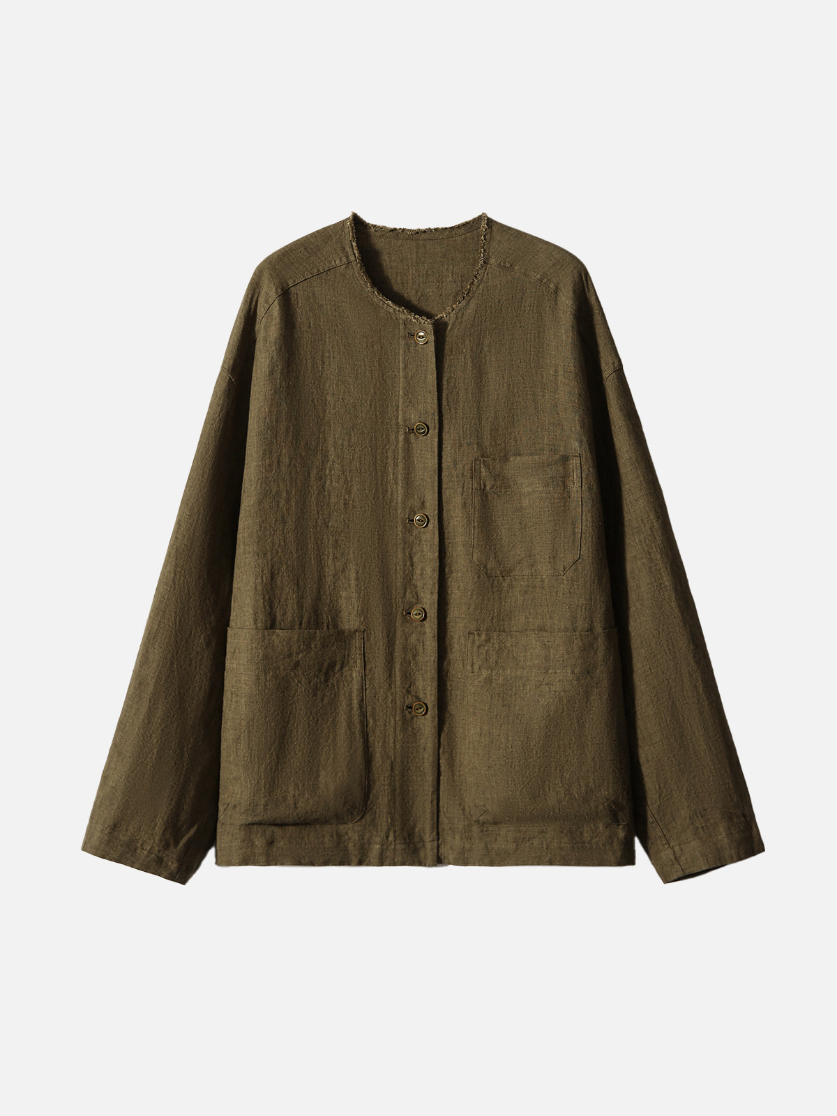 ノーカラーポケットリネンライクブラウス　3色入
