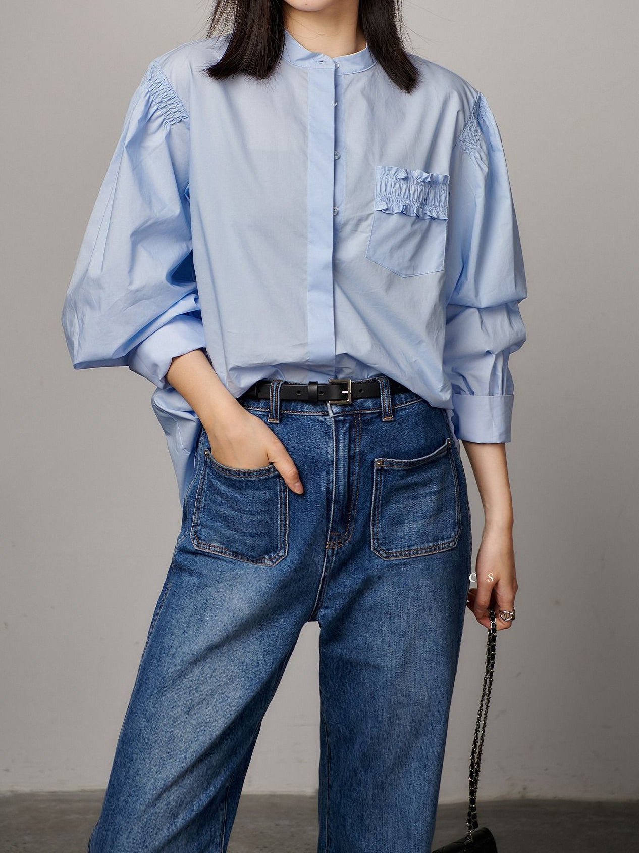 Shirring decorated big shirt 2 colors