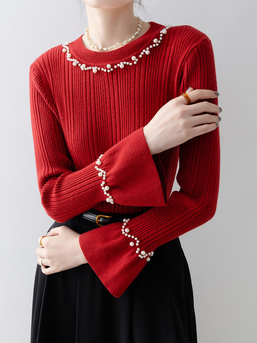 Pearl Bead Candy Sleeve Rib Knit (3 Colors)