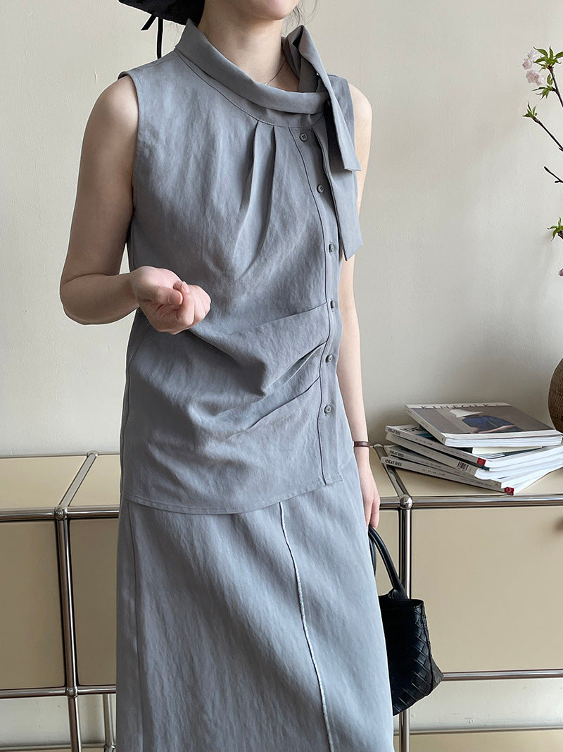 ボウタイサイドボタンタックブラウス　2色入＜セットアップ可能＞