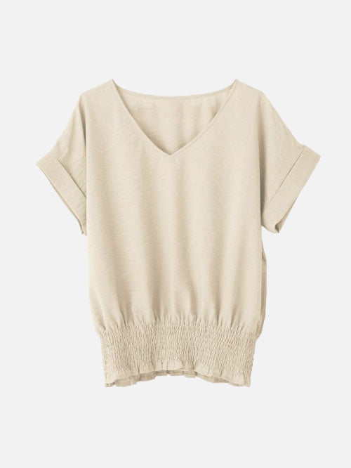 Waist shirred deep V-neck blouse in 8 colors